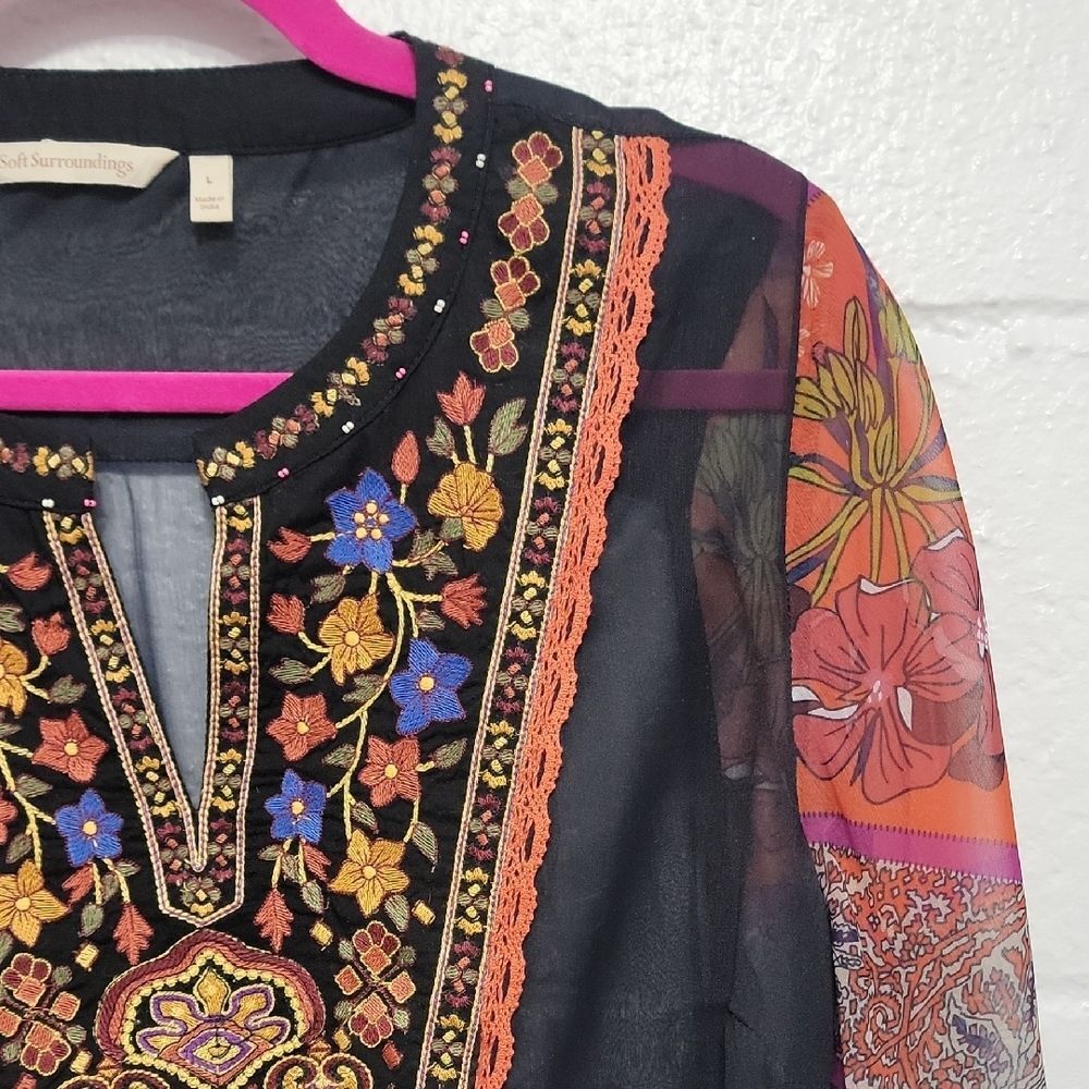 Soft Surroundings Embroidered Multicolor Blouse Black Red Size L Boho - Picture 4 of 11